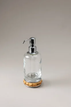 Bamboo root Glass soap dispenser with natural material base