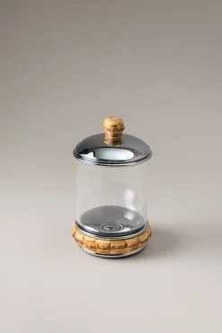 Bamboo root Glass toilet ear picks jar with natural material base