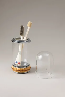 Bamboo root Glass toothbrush pot with glass dome