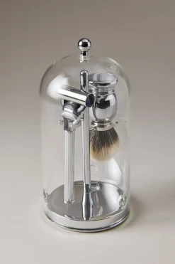 Chrome plated brass Shaving set with glass dome