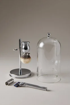 Chrome plated brass Shaving set with glass dome