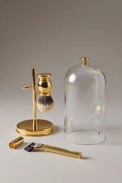 Gold plated brass Shaving set with glass dome